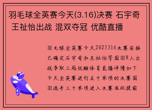 羽毛球全英赛今天(3.16)决赛 石宇奇 王祉怡出战 混双夺冠 优酷直播